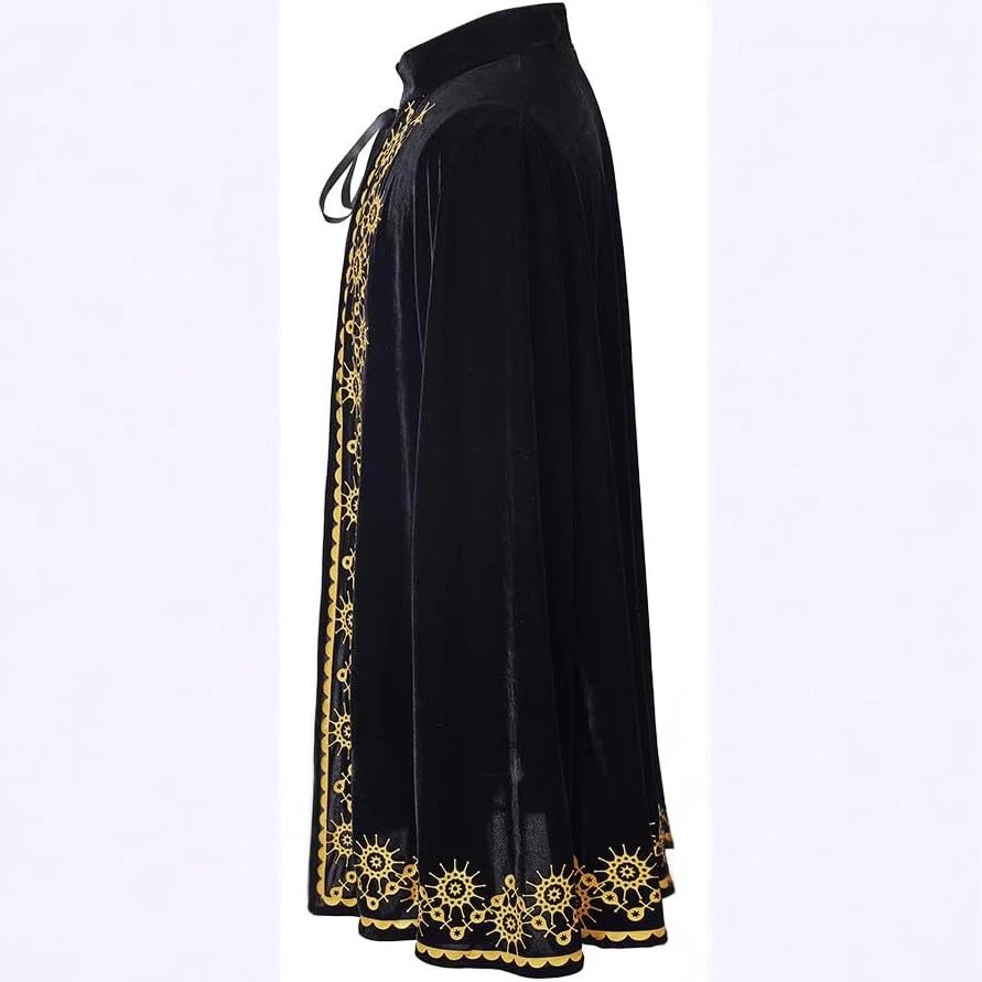 Design Embroidered Velvet Cape Black with Gold Floral Trim Outerwear - 4