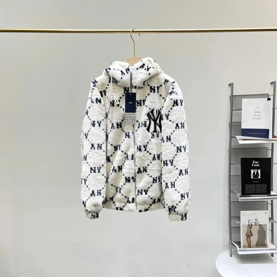 MLB Monogram Faux Fur Hooded Jacket Beige Outerwear - 4