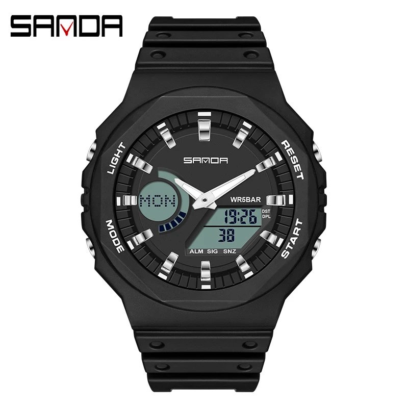 SANDA Watches Analog-Digital Sports Watch — 6016 Black and white