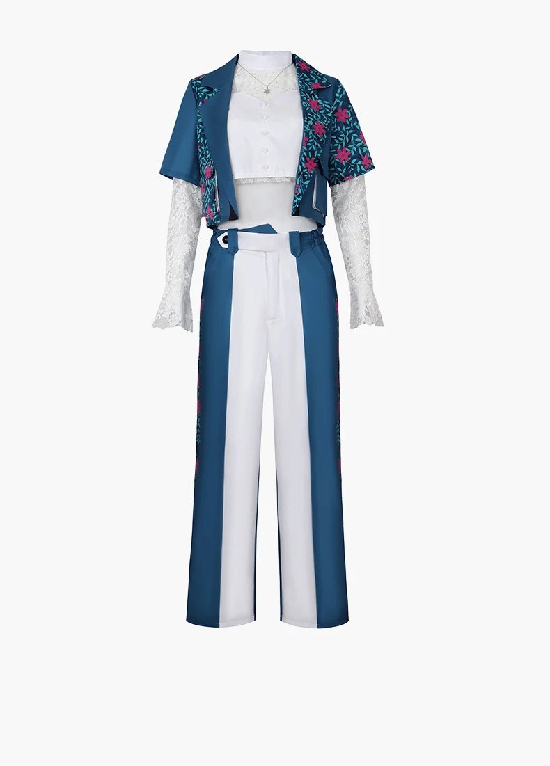 Design Floral Embroidered Kimono-Style Jacket and Wide-Leg Trousers Set Blue White Multicolor - 9