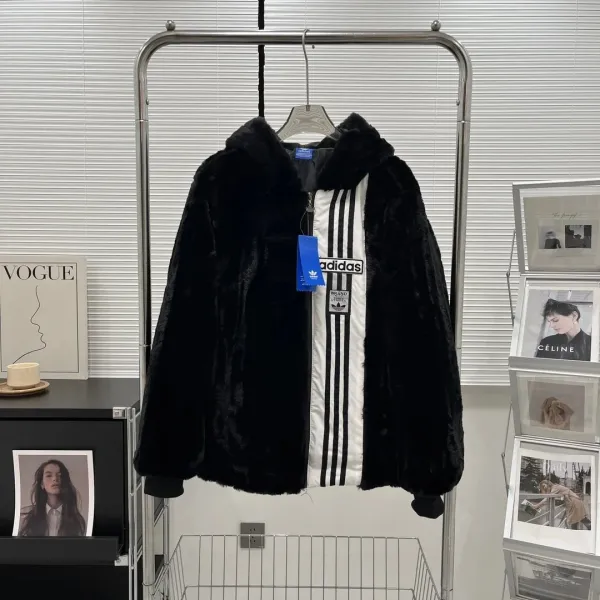 Adidas Originals Faux Fur Hooded Jacket Black / White Outerwear Jacket - 1