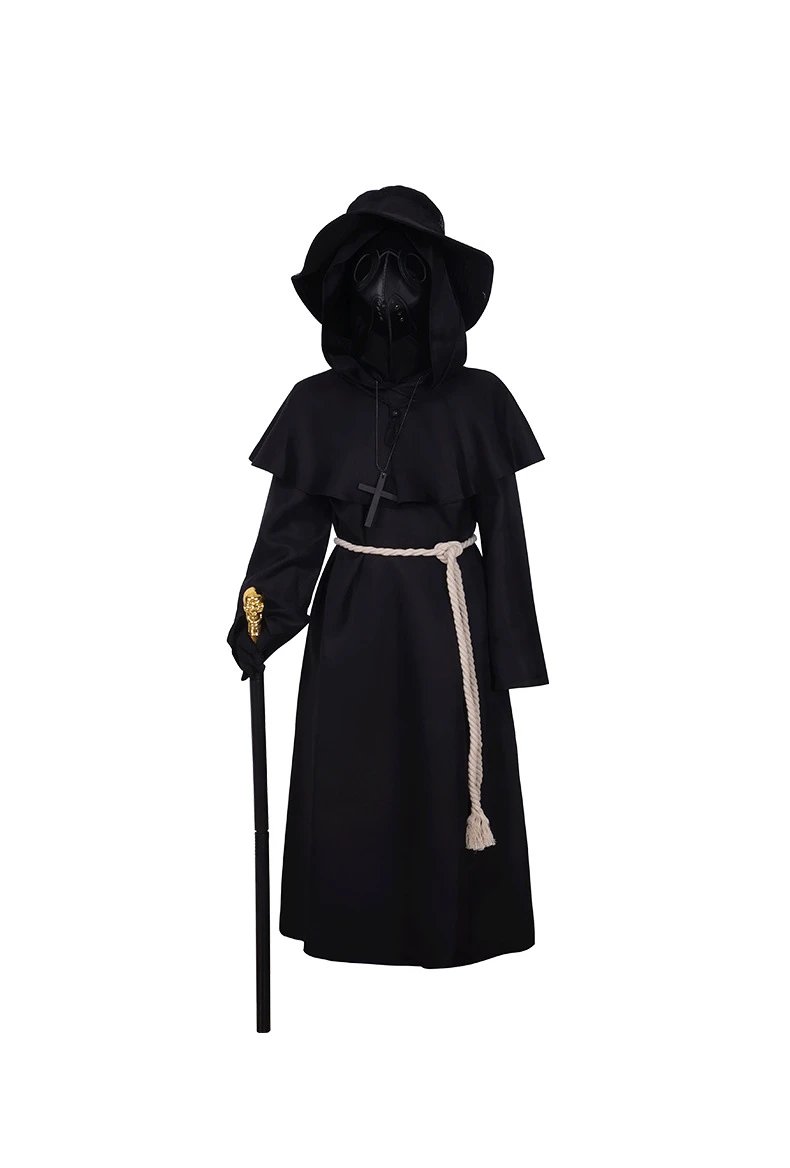 Design Plague Doctor Costume Black Hooded Robe with Beak Mask and Walking Stick Dress - 6