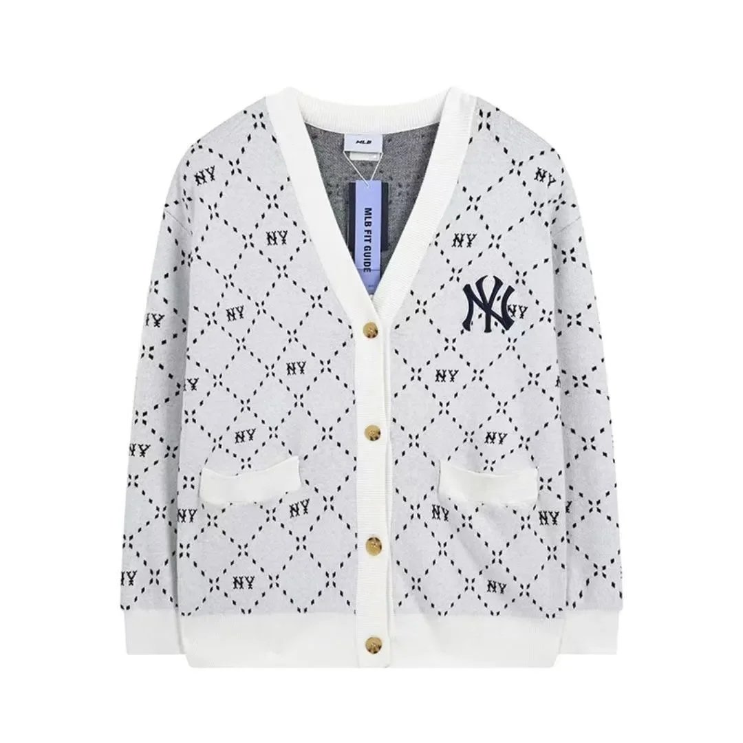 MLB New York Yankees All-Over Logo Cardigan Beige Knit Cardigan - 8