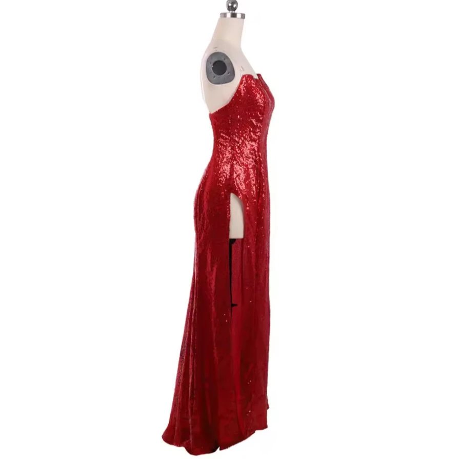 Design Sequined Red Strapless Evening Gown with Purple Gloves Dress - 4