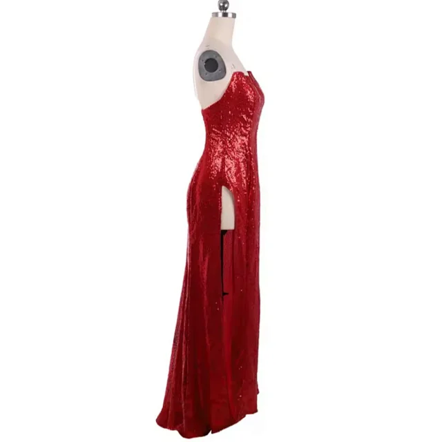 Unbranded Dresses Strapless Red Sequin Gown with Side Slit and Purple Opera Gloves product detail image 3