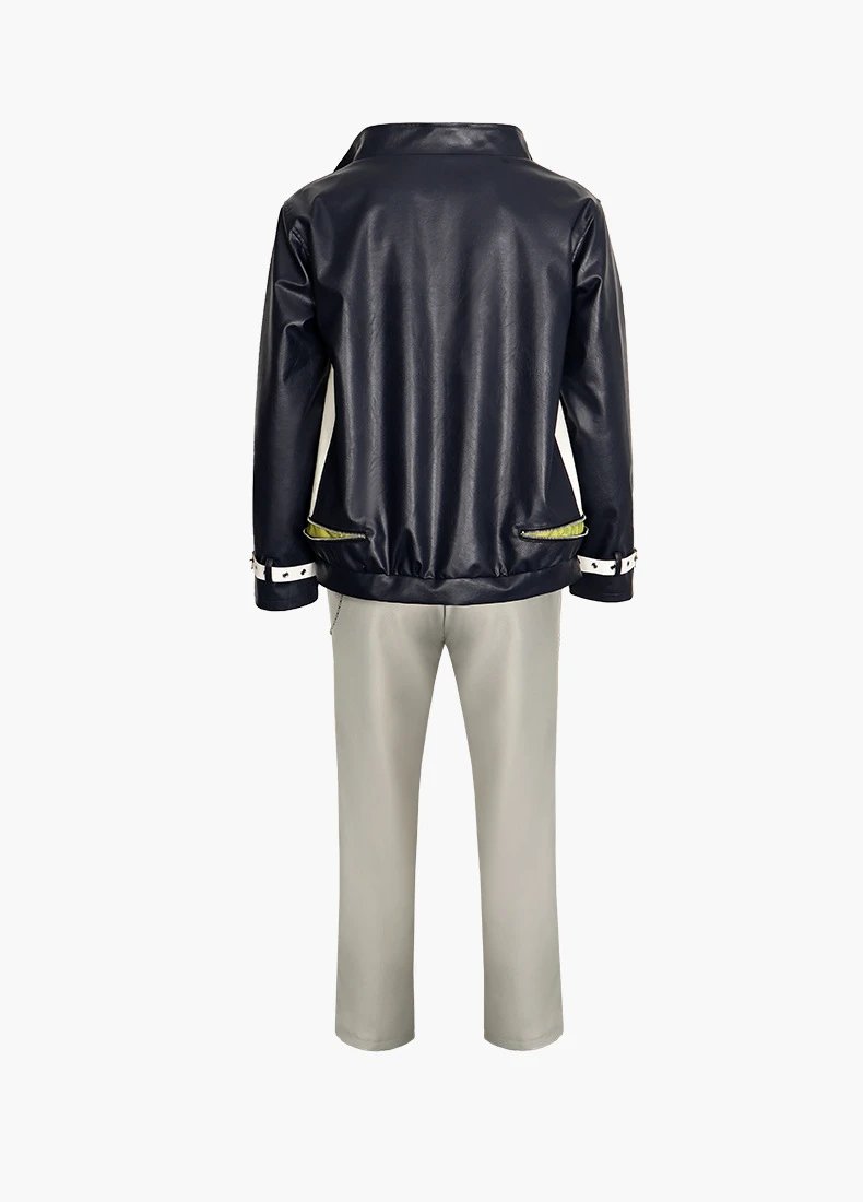 Design Leather-Trimmed Utility Jacket Black Beige Set - 19