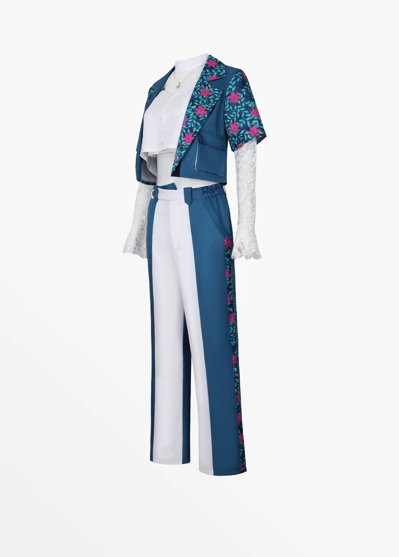 Design Floral Embroidered Kimono-Style Jacket and Wide-Leg Trousers Set Blue White Multicolor - 10