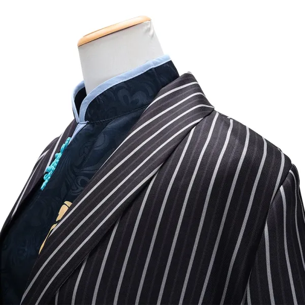 Design Pinstripe Long Coat with Embroidered Cheongsam Underlayer Navy Outerwear.coat - 8