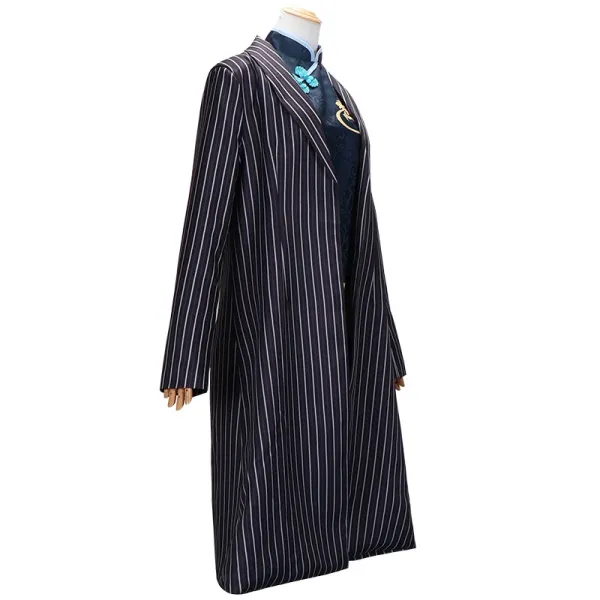 Design Pinstripe Long Coat with Embroidered Cheongsam Underlayer Navy Outerwear.coat - 16