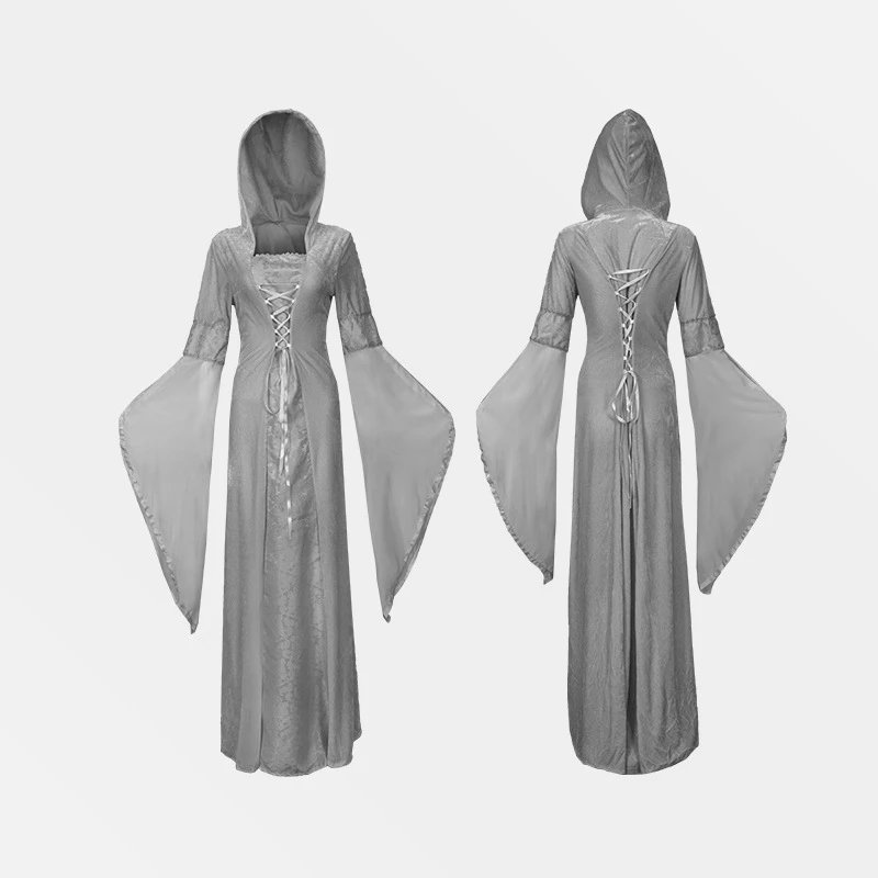 Unbranded Dresses Medieval Hooded Lace-Up Bell Sleeve Costume Dress image 4