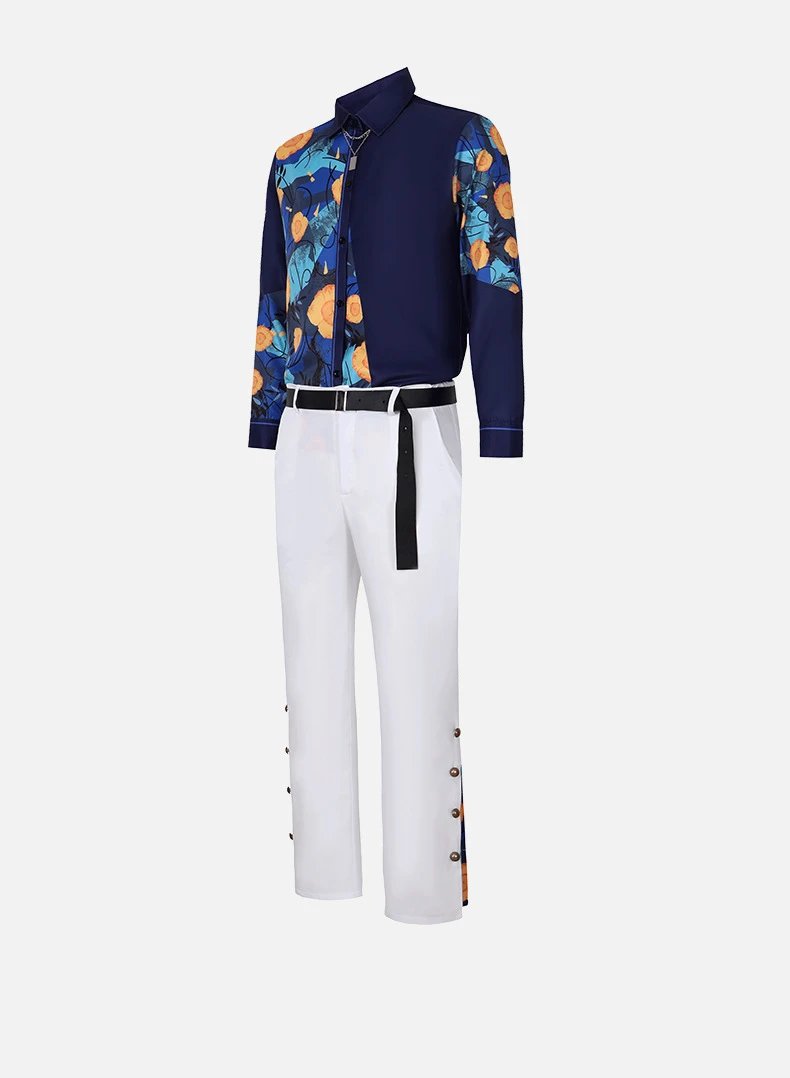 Design Floral Embroidered Kimono-Style Jacket and Wide-Leg Trousers Set Blue White Multicolor - 15
