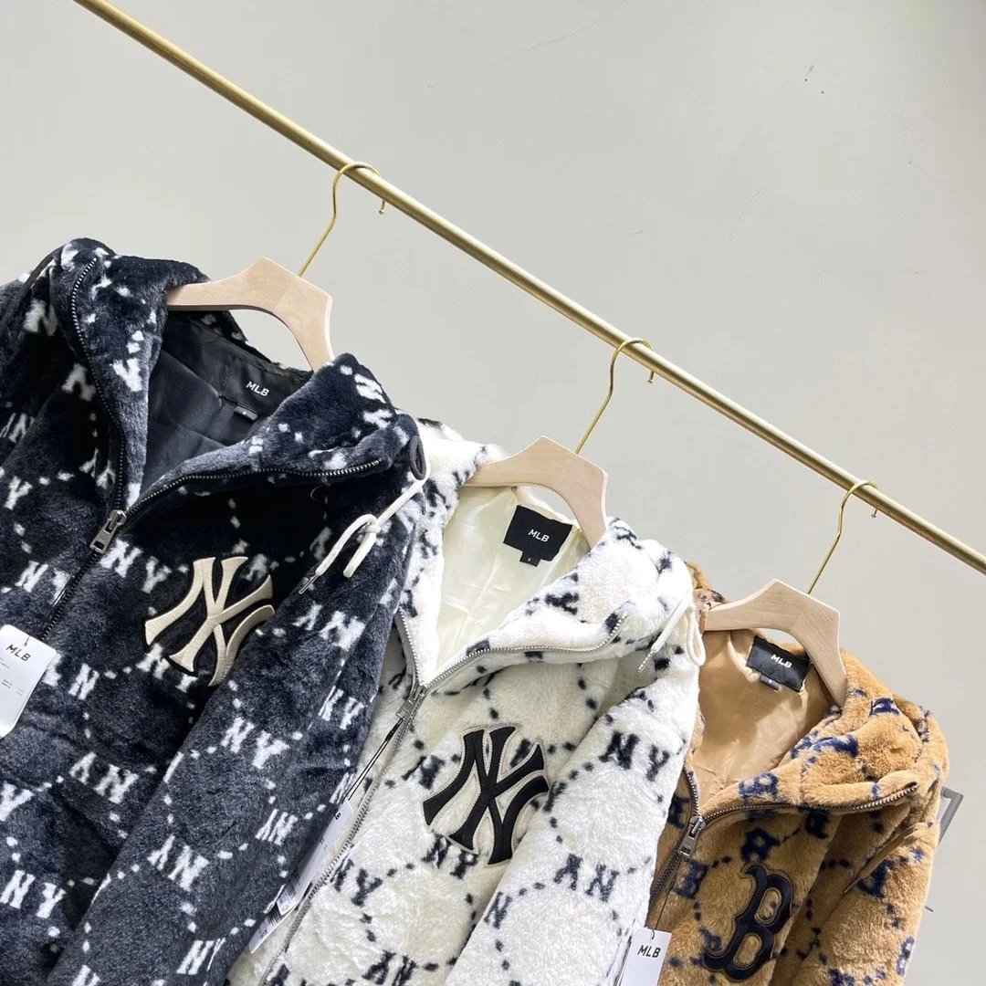 MLB Monogram Faux Fur Hooded Jacket Beige Outerwear - 9