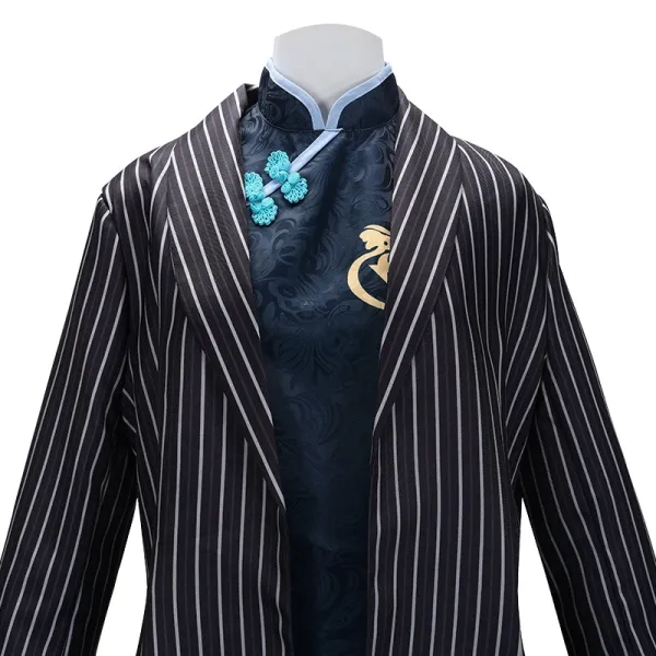 Design Pinstripe Long Coat with Embroidered Cheongsam Underlayer Navy Outerwear.coat - 5