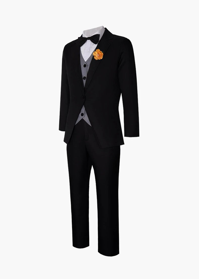 Design Formal Suit Set Black with Gray Vest and Orange Chest Ornament - 8
