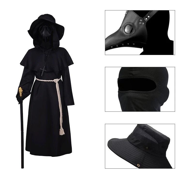 Design Plague Doctor Costume Black Hooded Robe with Beak Mask and Walking Stick Dress - 4