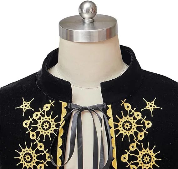 Design Embroidered Velvet Cape Black with Gold Floral Trim Outerwear - 6