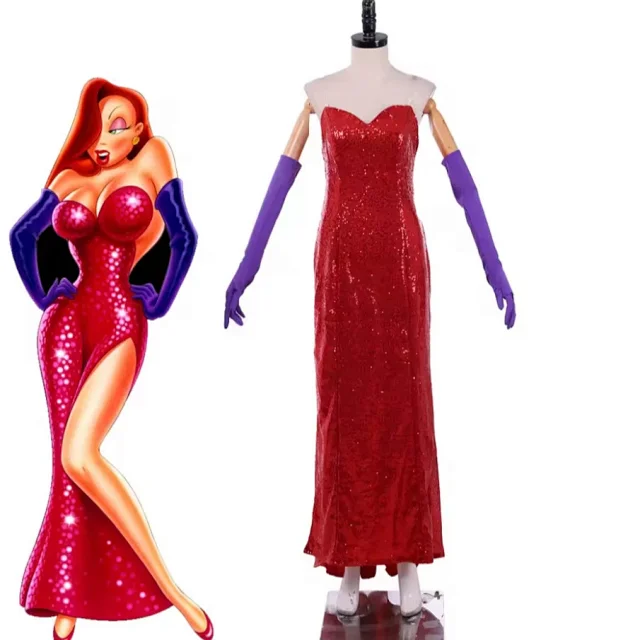 Unbranded Dresses Strapless Red Sequin Gown with Side Slit and Purple Opera Gloves product detail image 1