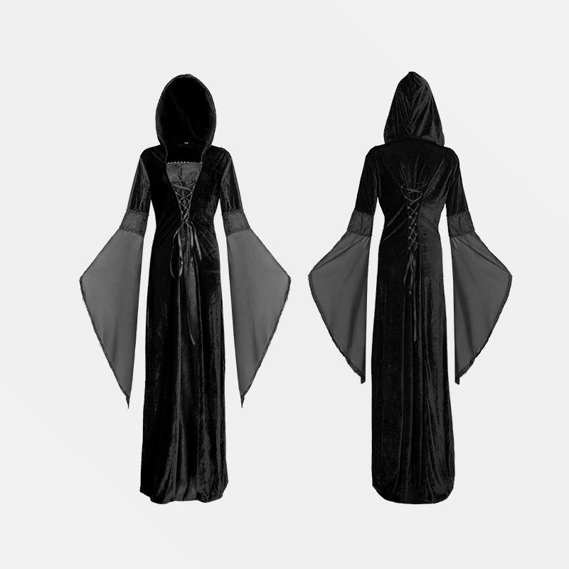 Unbranded Dresses Medieval Hooded Lace-Up Bell Sleeve Costume Dress image 2
