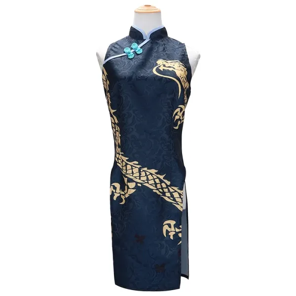 Design Pinstripe Long Coat with Embroidered Cheongsam Underlayer Navy Outerwear.coat - 19