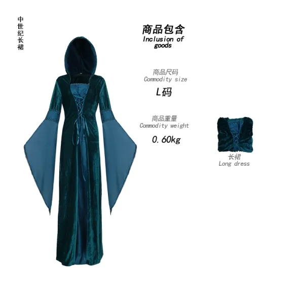 Design Medieval Hooded Velvet Long Dress Teal Dress - 1