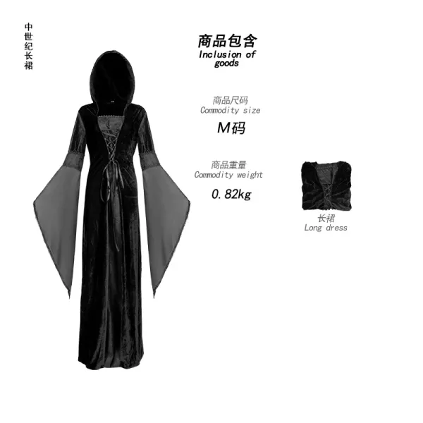 Design Medieval Hooded Velvet Long Dress Black Dress - 1