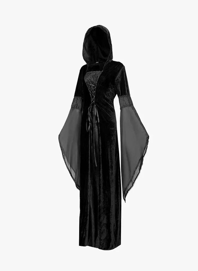 Unbranded Dresses Medieval Hooded Lace-Up Bell Sleeve Costume Dress product detail image 4