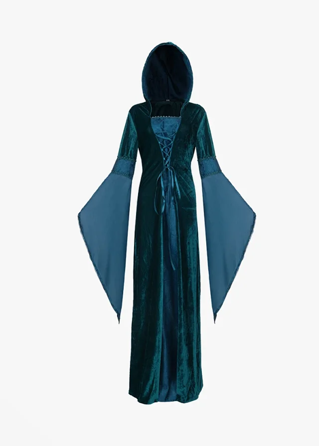 Unbranded Dresses Medieval Hooded Lace-Up Bell Sleeve Costume Dress product detail image 12