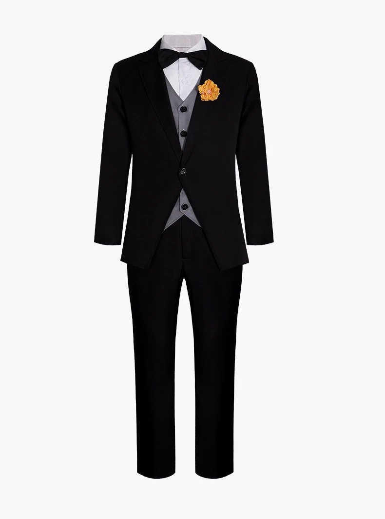Design Formal Suit Set Black with Gray Vest and Orange Chest Ornament - 6