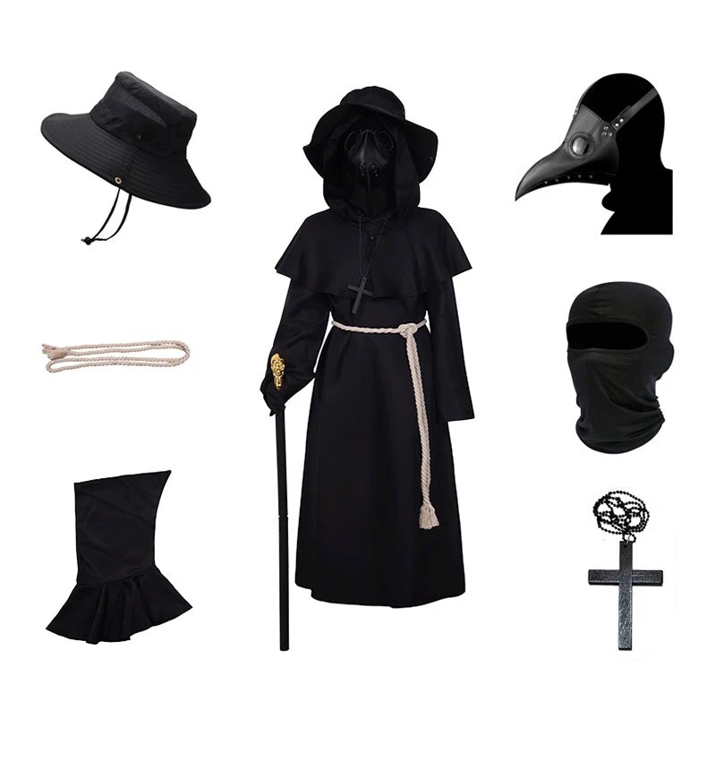 Design Plague Doctor Costume Black Hooded Robe with Beak Mask and Walking Stick Dress - 5