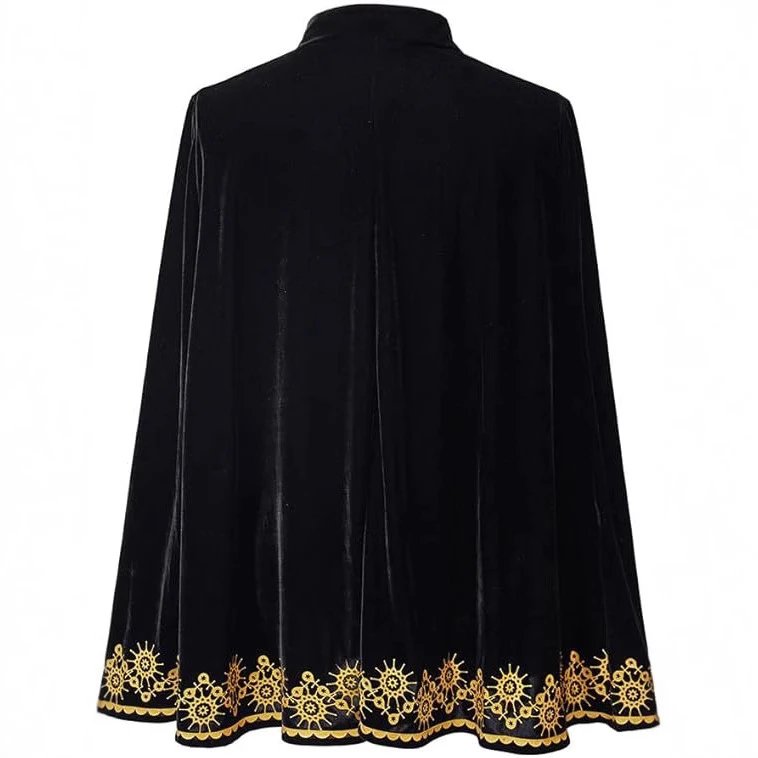Design Embroidered Velvet Cape Black with Gold Floral Trim Outerwear - 3