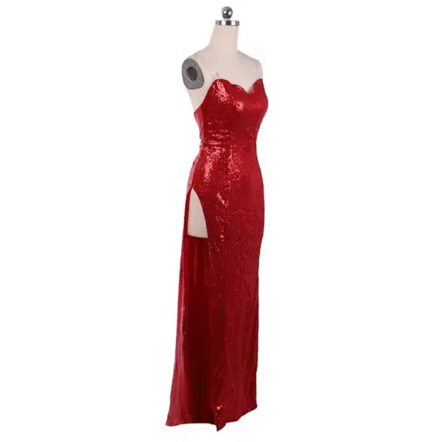 Unbranded Dresses Strapless Red Sequin Gown with Side Slit and Purple Opera Gloves product detail image 2
