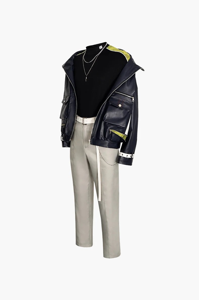 Design Leather-Trimmed Utility Jacket Black Beige Set - 18