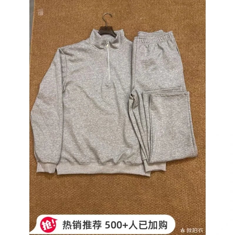 Alo Yoga Hoodies & Sweatshirts Half-Zip Stand-Collar Sweatshirt — Light gray half-pull straight-leg pants