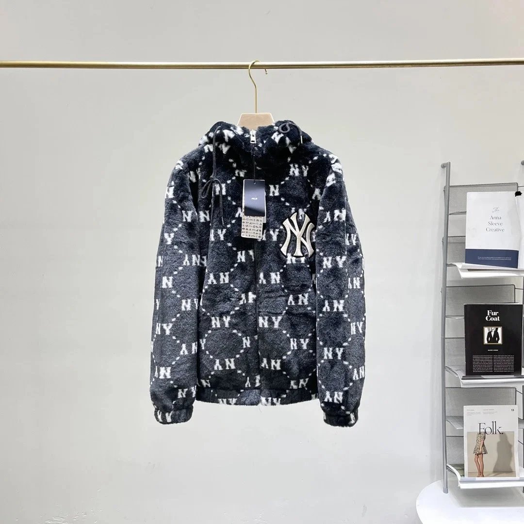 MLB Monogram Faux Fur Hooded Jacket Beige Outerwear - 3