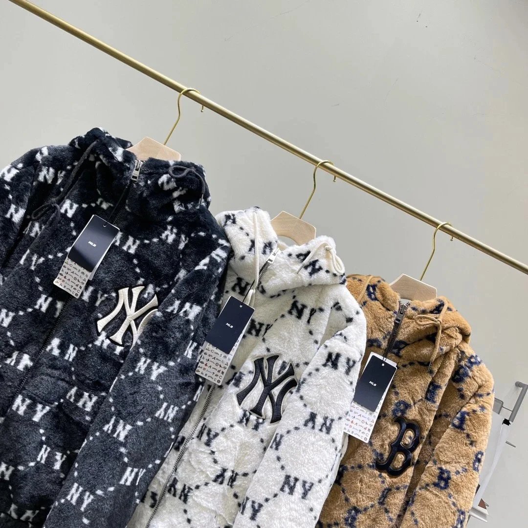 MLB Monogram Faux Fur Hooded Jacket Beige Outerwear - 8