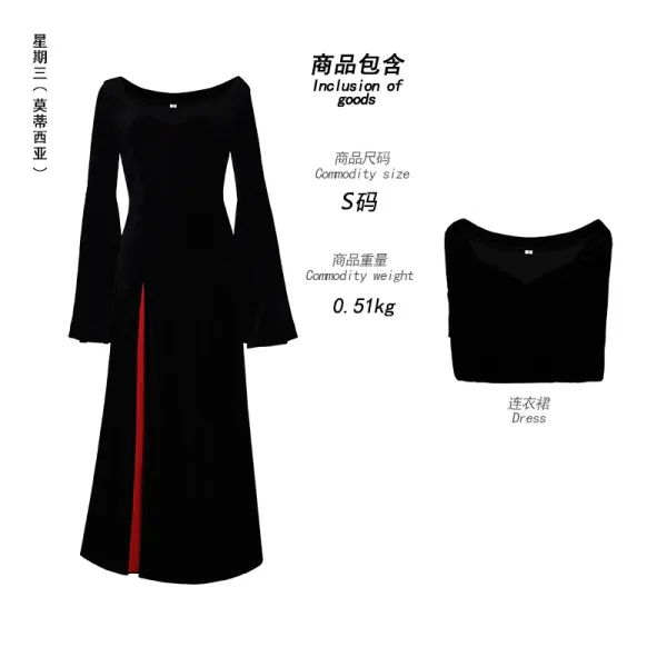 Design Velvet Maxi Dress with Red Side Slit Black - 1
