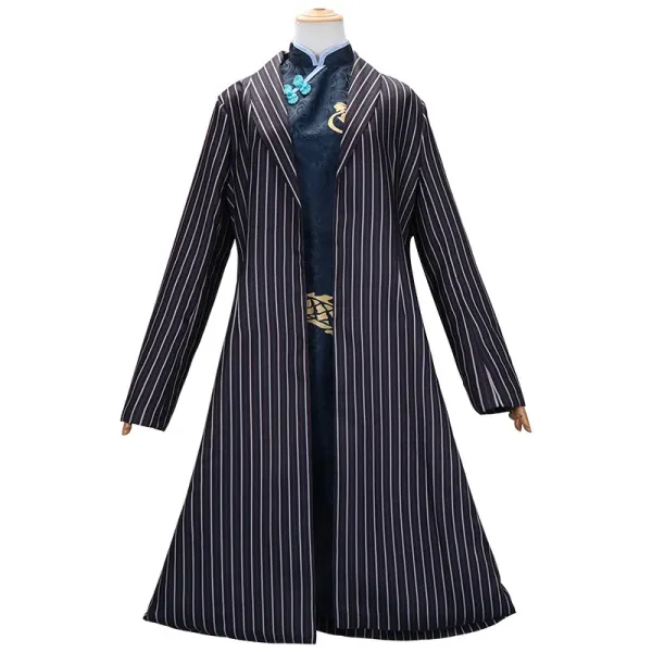 Design Pinstripe Long Coat with Embroidered Cheongsam Underlayer Navy Outerwear.coat - 2