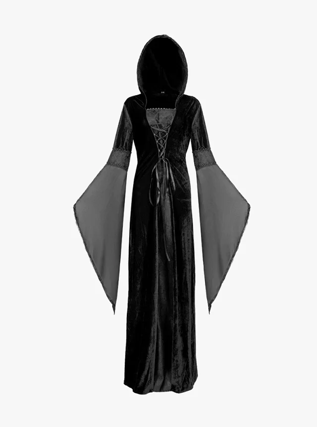 Unbranded Dresses Medieval Hooded Lace-Up Bell Sleeve Costume Dress product detail image 3