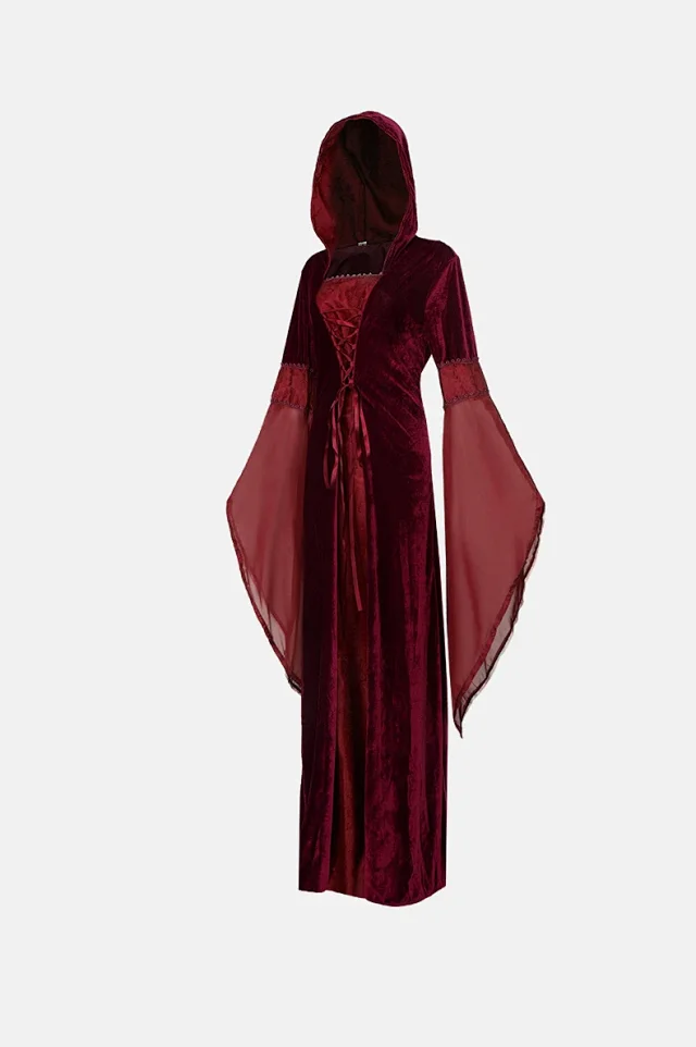 Unbranded Dresses Medieval Hooded Lace-Up Bell Sleeve Costume Dress product detail image 19