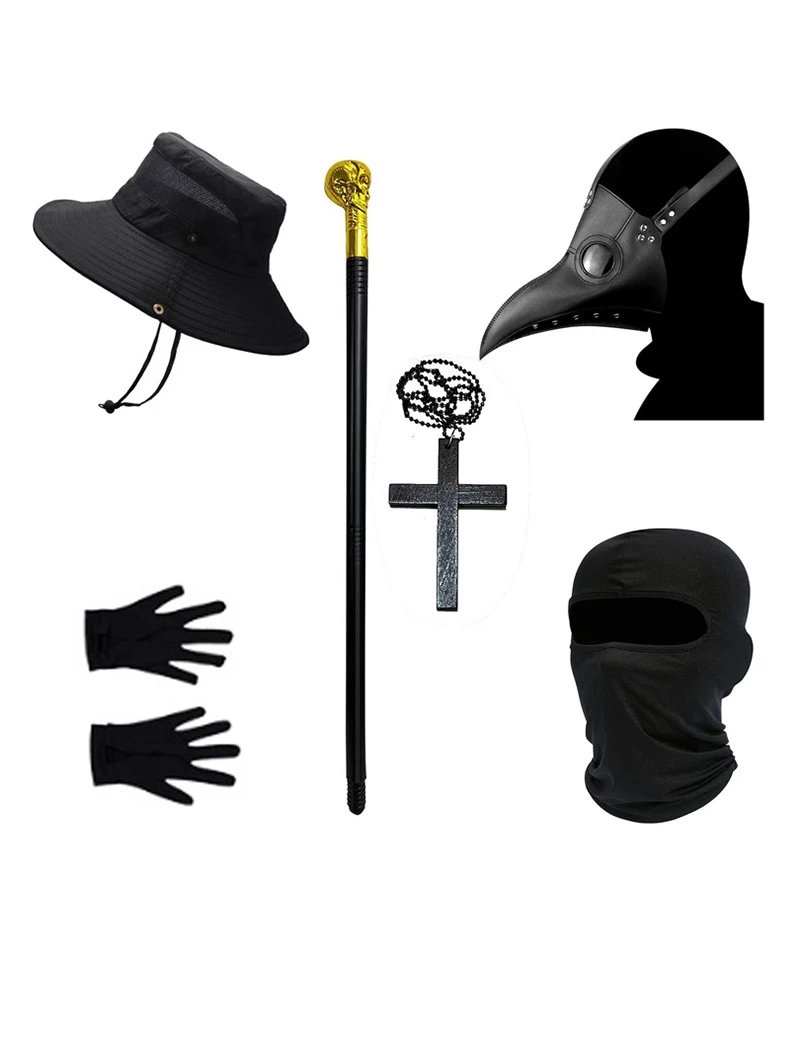 Design Plague Doctor Costume Black Hooded Robe with Beak Mask and Walking Stick Dress - 9