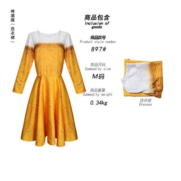 Design Beer Foam Print Long Sleeve A-Line Dress Yellow - 1