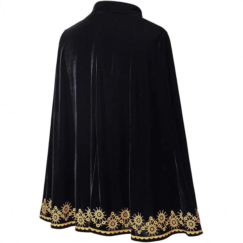 Design Embroidered Velvet Cape Black with Gold Floral Trim Outerwear - 5