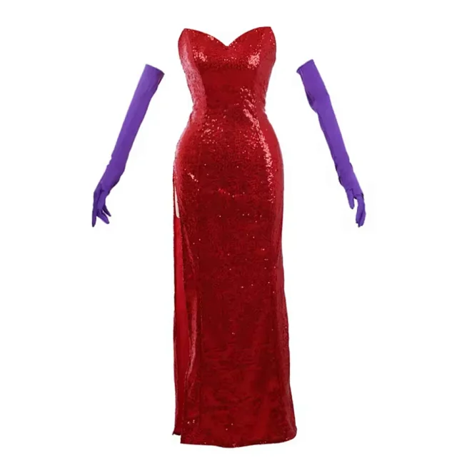 Unbranded Dresses Strapless Red Sequin Gown with Side Slit and Purple Opera Gloves product detail image 6