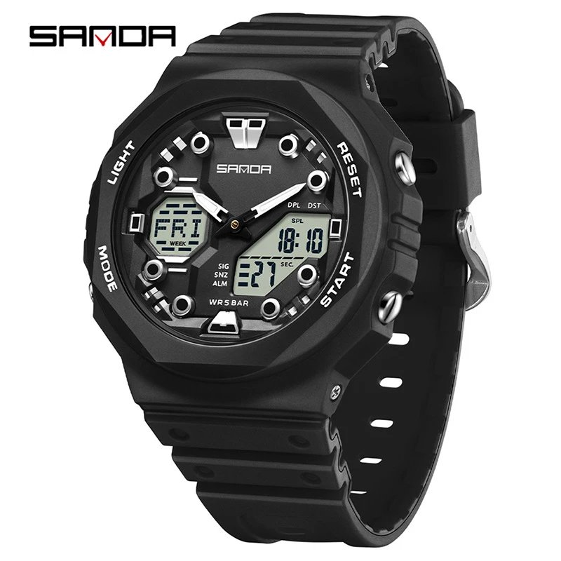 SANDA Watches Analog-Digital Sports Watch — 6200 Black and white