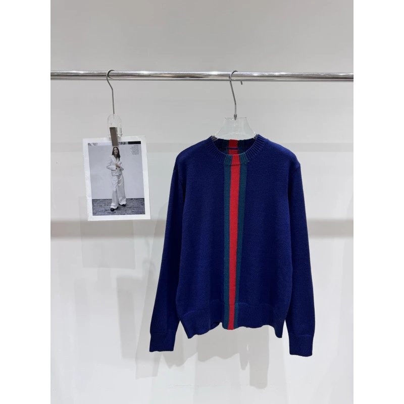 Unbranded Knitwear Crew Neck Knit Sweater with Contrast Center Stripe — Dark blue