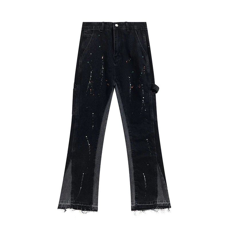 GALLERY ink graffiti micro-flared stitching ripped casual loose jeans long pants trendy GALLERY ink graffiti micro-flared stitching ripped casual loose jeans long pants trendy