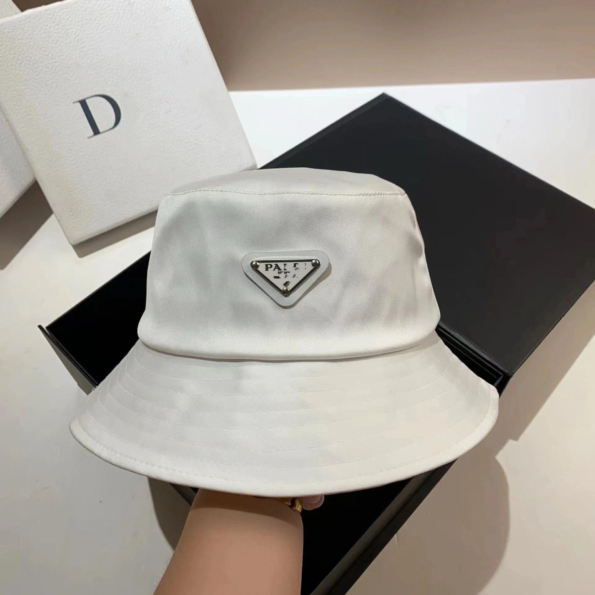 Prada Re-Nylon White Black Triangle Logo Bucket Hat