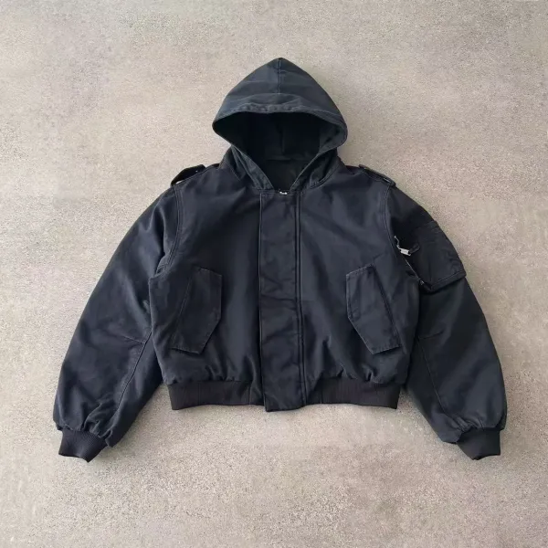 Design Utility Hooded Bomber Jacket Black Outerwear - 1