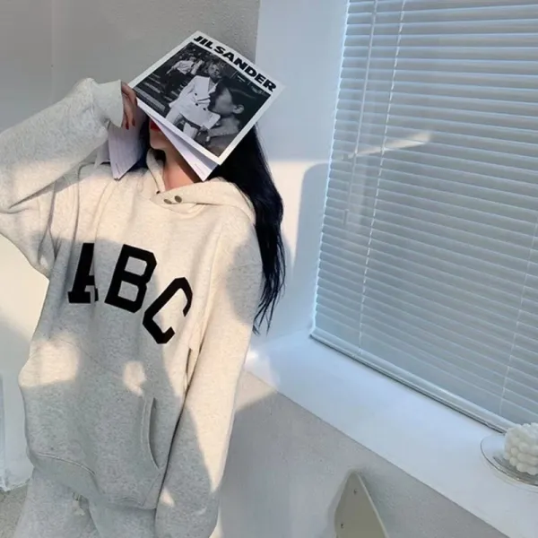 GRA ABC Oversized Cropped Hoodie and Matching Sweatpants Set Beige - 18