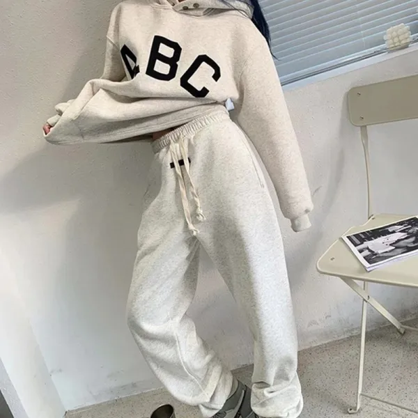 GRA ABC Oversized Cropped Hoodie and Matching Sweatpants Set Beige - 19